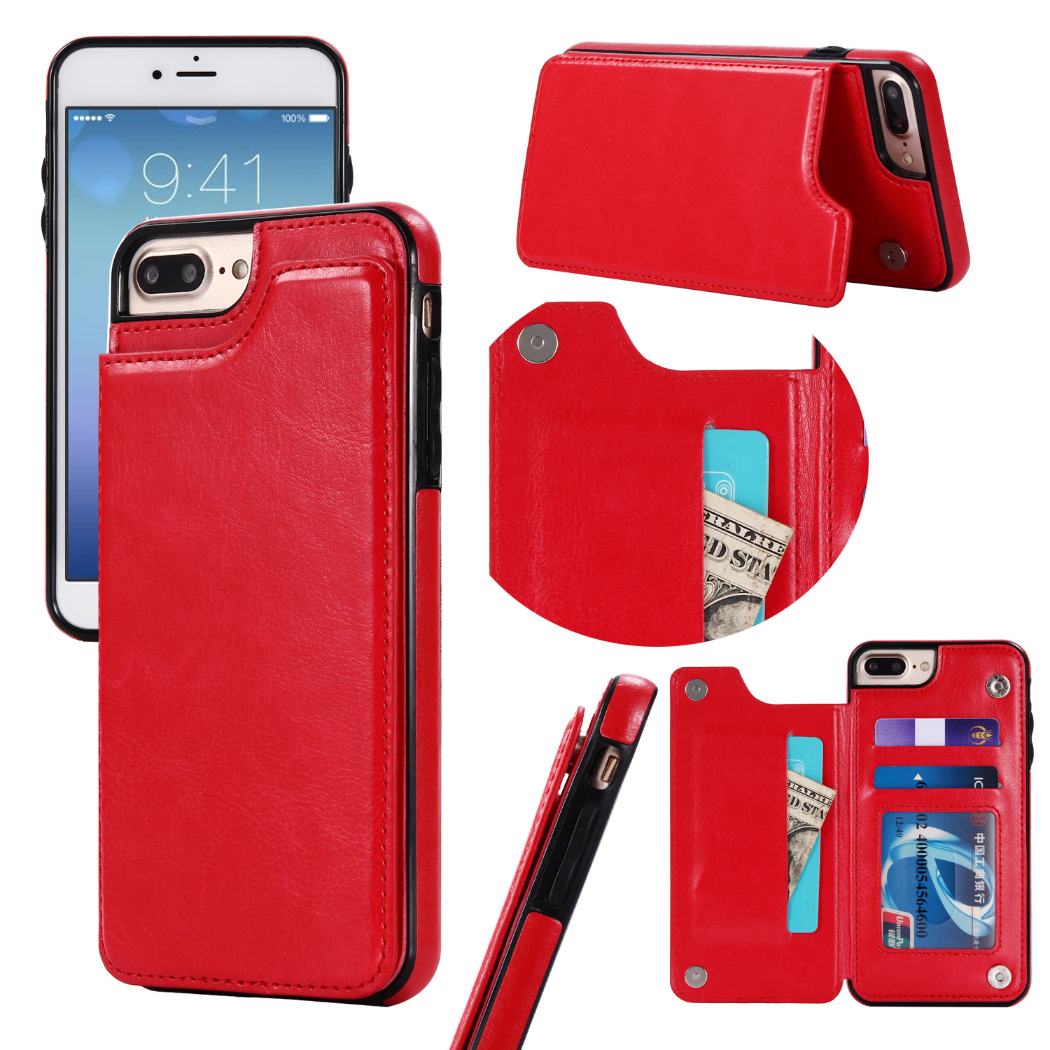 iPHONE 8 Plus / 7 Plus Flip Book Leather Style Credit Card Case (Red)